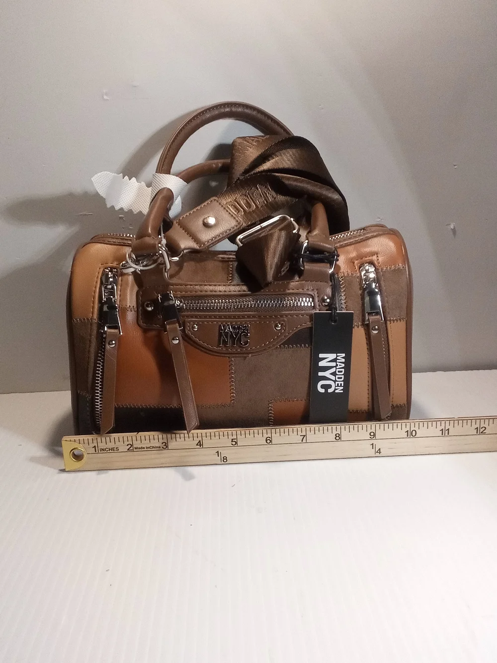 Madden NYC Brown Patchwork Satchel Top Handle, Small, Detachable Strap Zip